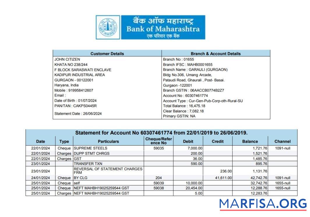 Printable INDIA Bank of Maharashtra bank statement word template